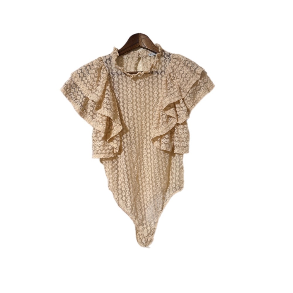 Haute Monde Lace Bodysuit Women Medium Beige Excellent Ruffle Sleeve High Neck